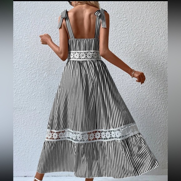 Boho Stripes Floral Lace Strap Tie Shoulder Cami Maxi Dress - Picture 6 of 12